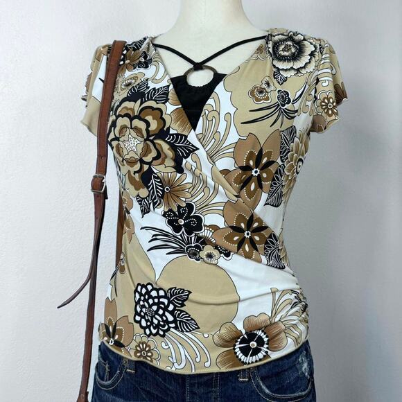 Y2K Brown Floral Faux Wrap Top Retro Boho Print Short Sleeve O-Ring Medium - Picture 1 of 7